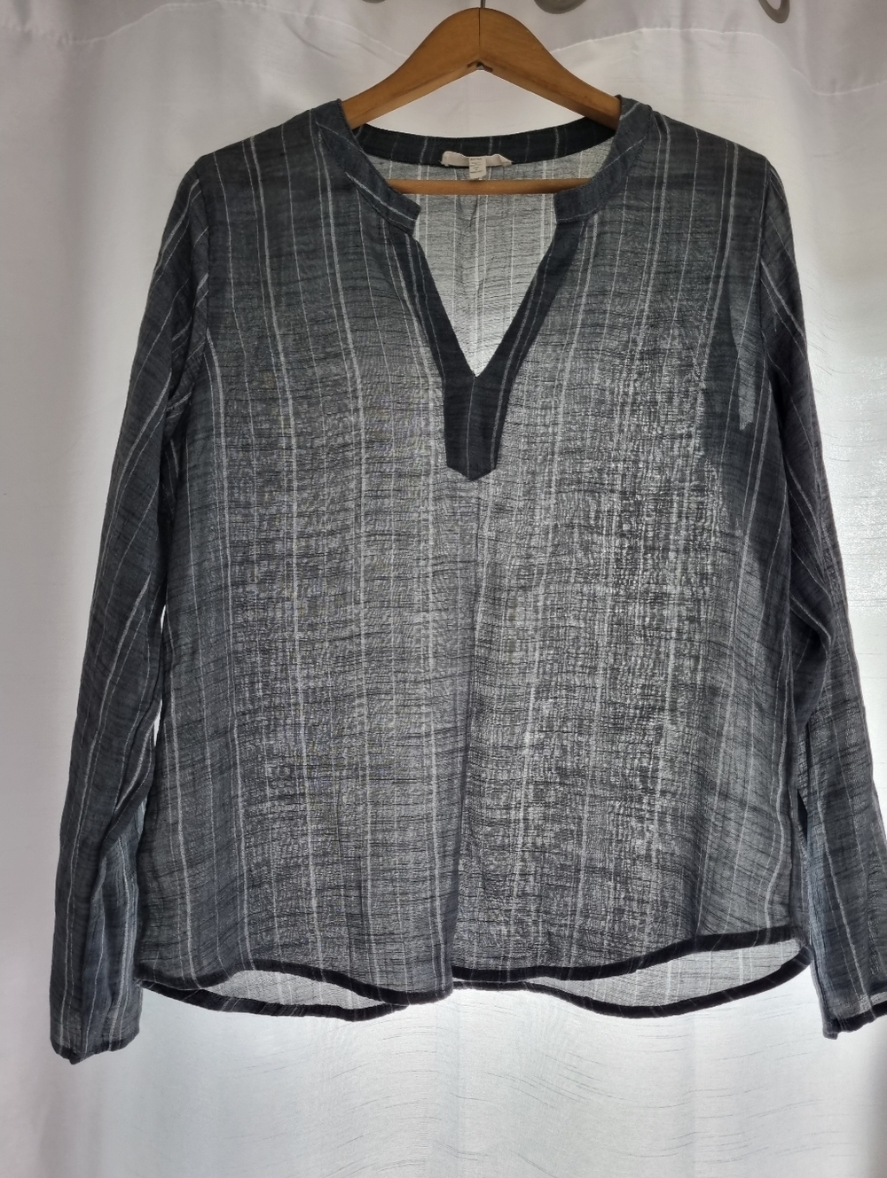 CDMO Slate Blue and White Striped Labeled Top